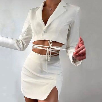 Znbbw Streetwear Blazer And Skirt Suits Autumn Two Piece Set Casual Long Sleeve Crop Top Office White Black Jackets Coats